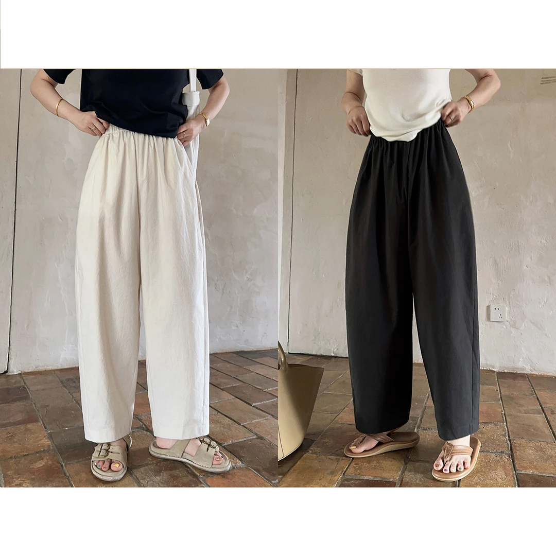 莉贝琳sisy【贵牌裤】棉麻休闲裤女感松紧腰宽松直筒裤S24307TR01