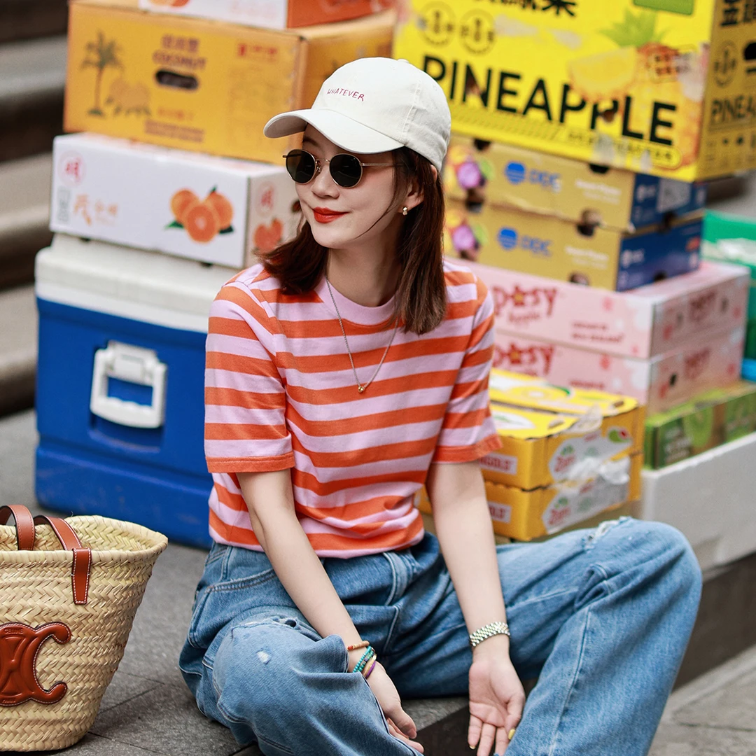 莉贝琳sisy条纹T恤全棉休闲夏季圆领百搭宽松短袖上衣女190515
