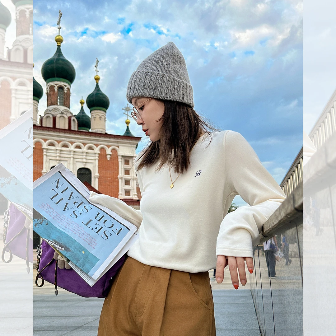 莉贝琳sisy字母T恤早秋新款280g磨毛正肩长袖白色打底S24309TS01