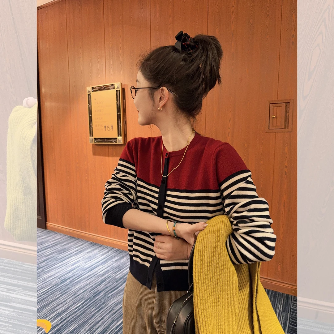 莉贝琳sisy条纹毛衣慵懒羊毛针织开衫秋冬新款上衣S24311SW15