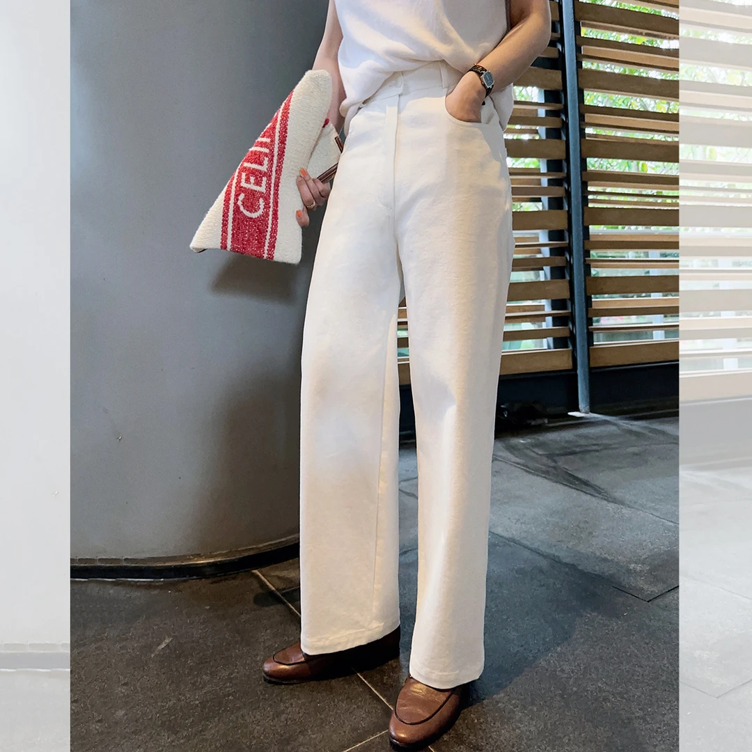 莉贝琳sisy通勤百搭白裤飒爽随性斜纹中腰直筒休闲裤子188269