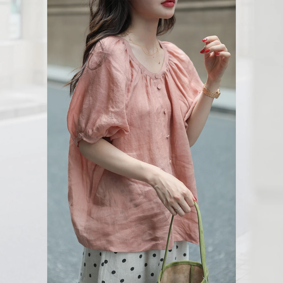 莉贝琳sisy气质显瘦小衫女轻薄透气落肩灯笼袖短袖上衣175958