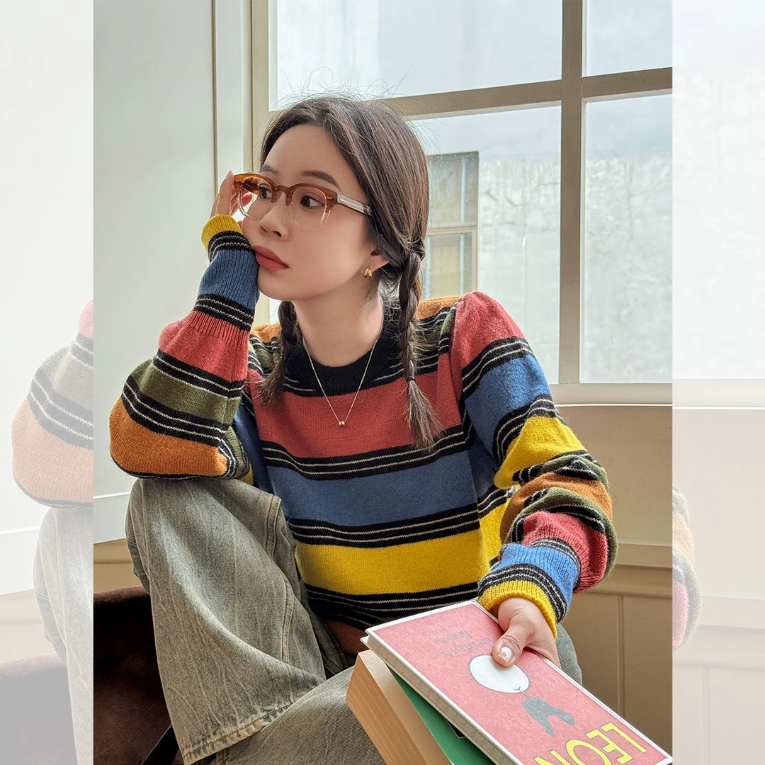 莉贝琳sisy彩色条纹针织衫慵懒宽松撞色复古毛衣秋冬季S24310SW11