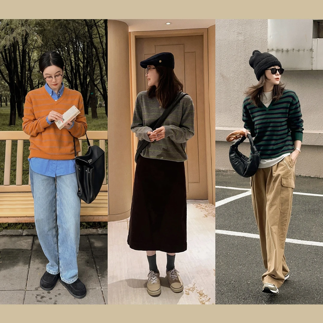 莉贝琳sisy毛衣条纹撞色v领慵懒显瘦针织衫S24309SW16