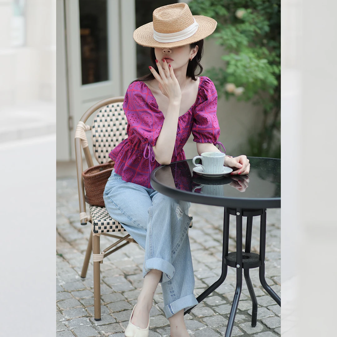 莉贝琳sisy重工刺绣连衣裙子森系显白方领收腰显瘦小衫上衣174851