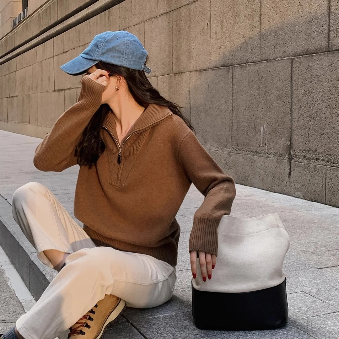 莉贝琳sisy拉链毛衣女秋冬大翻领条纹全羊毛针织衫两穿厚162581