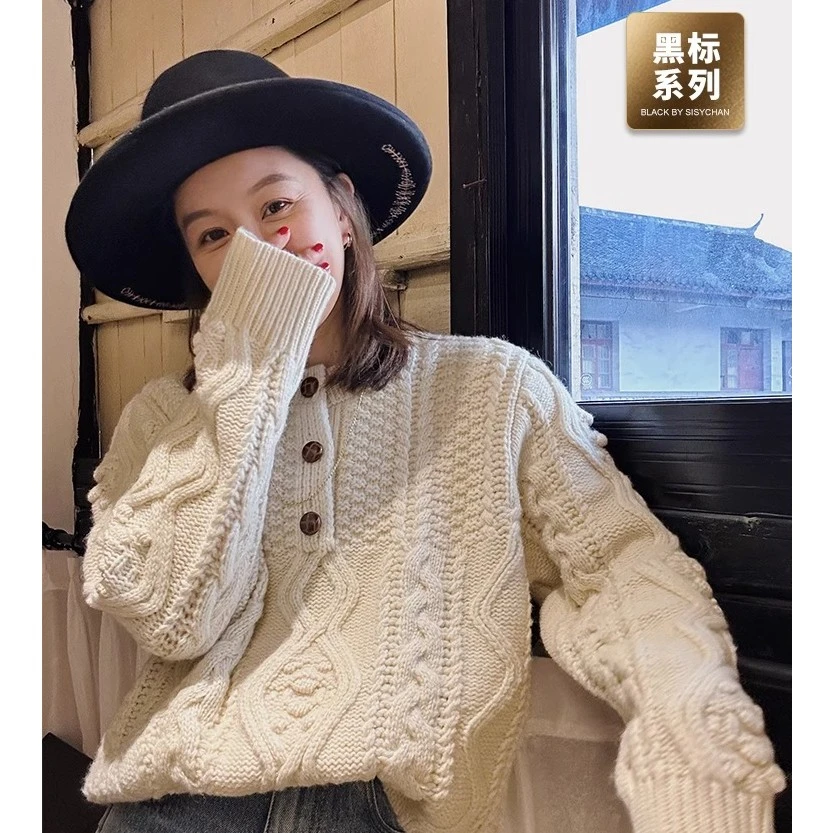 莉贝琳sisy黑标绞花毛衣女秋冬通勤百搭法式全羊毛针织衫厚164193