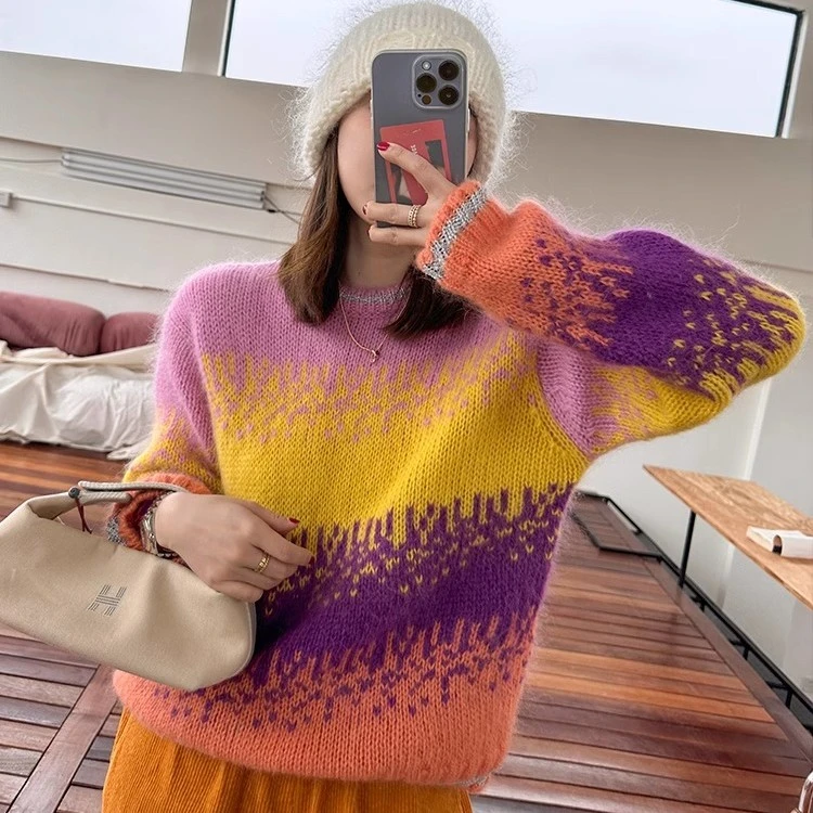 莉贝琳sisy马海毛毛衣女冬新气质渐变紫色提花厚长袖针织衫164519