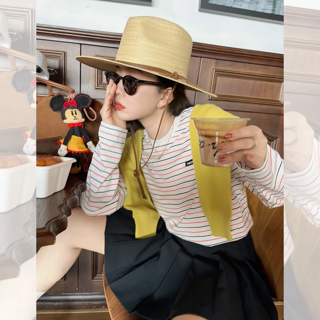 莉贝琳sisy百搭条纹T恤新款宽松字母内搭长袖圆领上衣S24308TS02