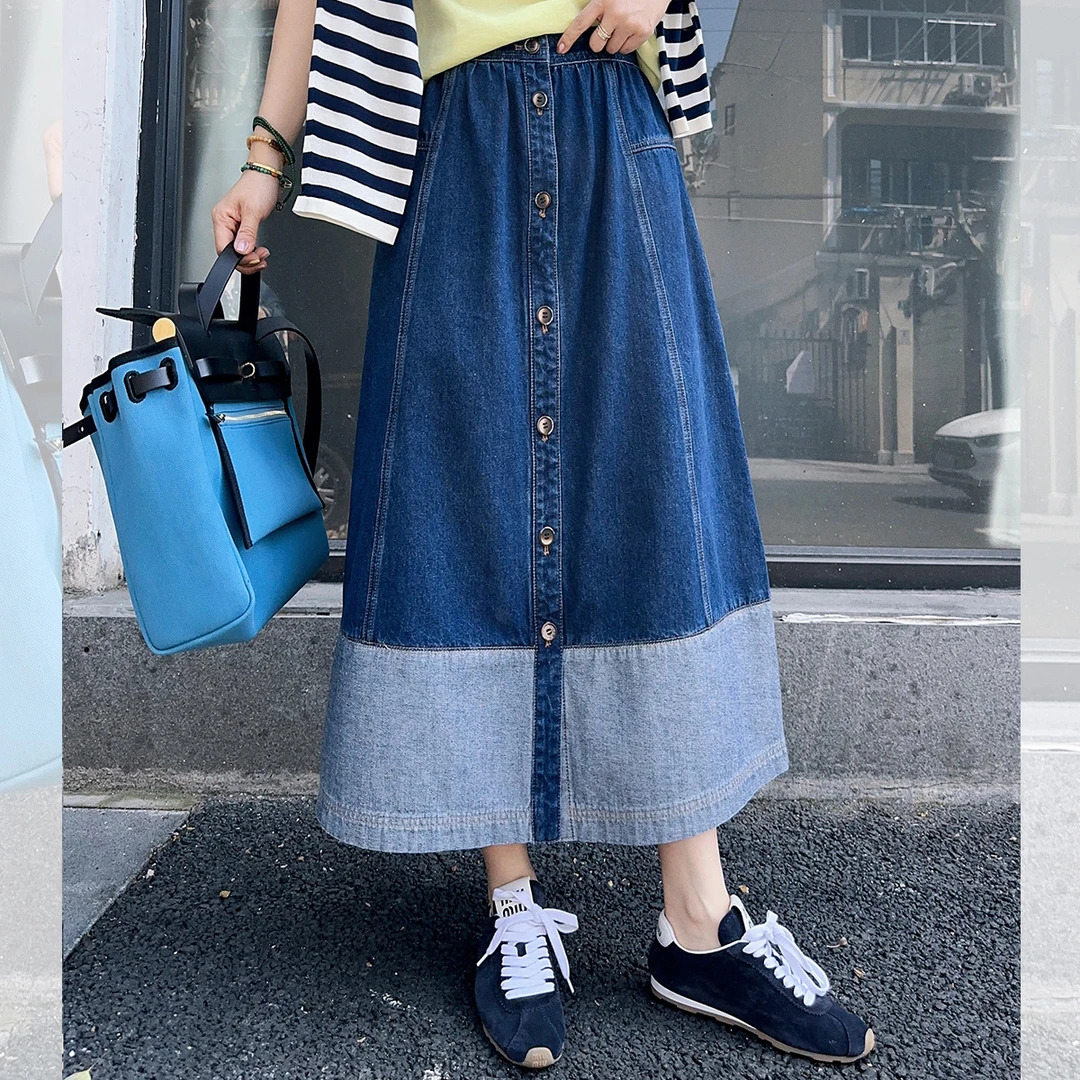 莉贝琳sisy时髦排扣牛仔半裙女新款高腰A字拼接半身裙子189818
