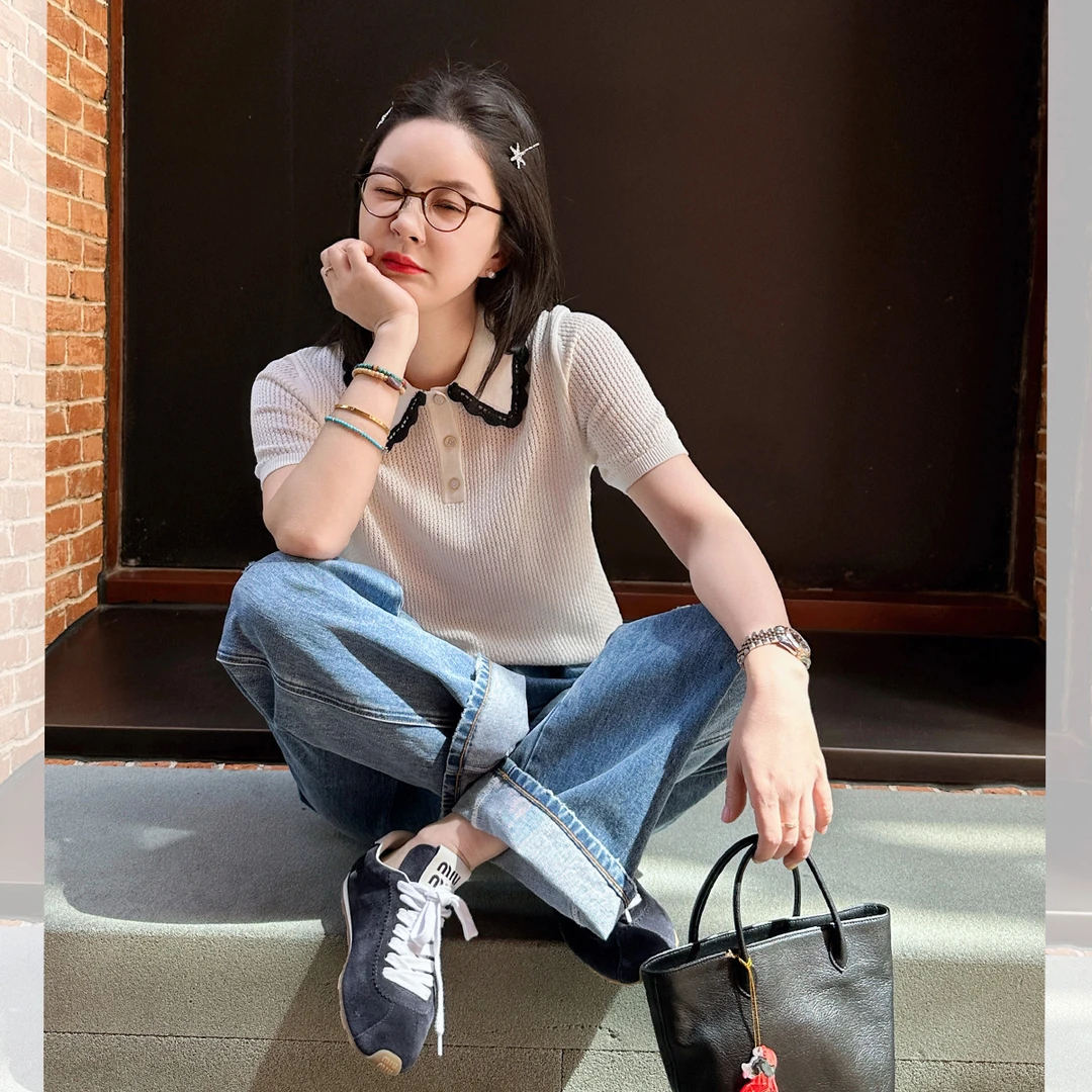 莉贝琳sisy针织短袖手钩花边镂空高级翻领薄款白色上衣女191361