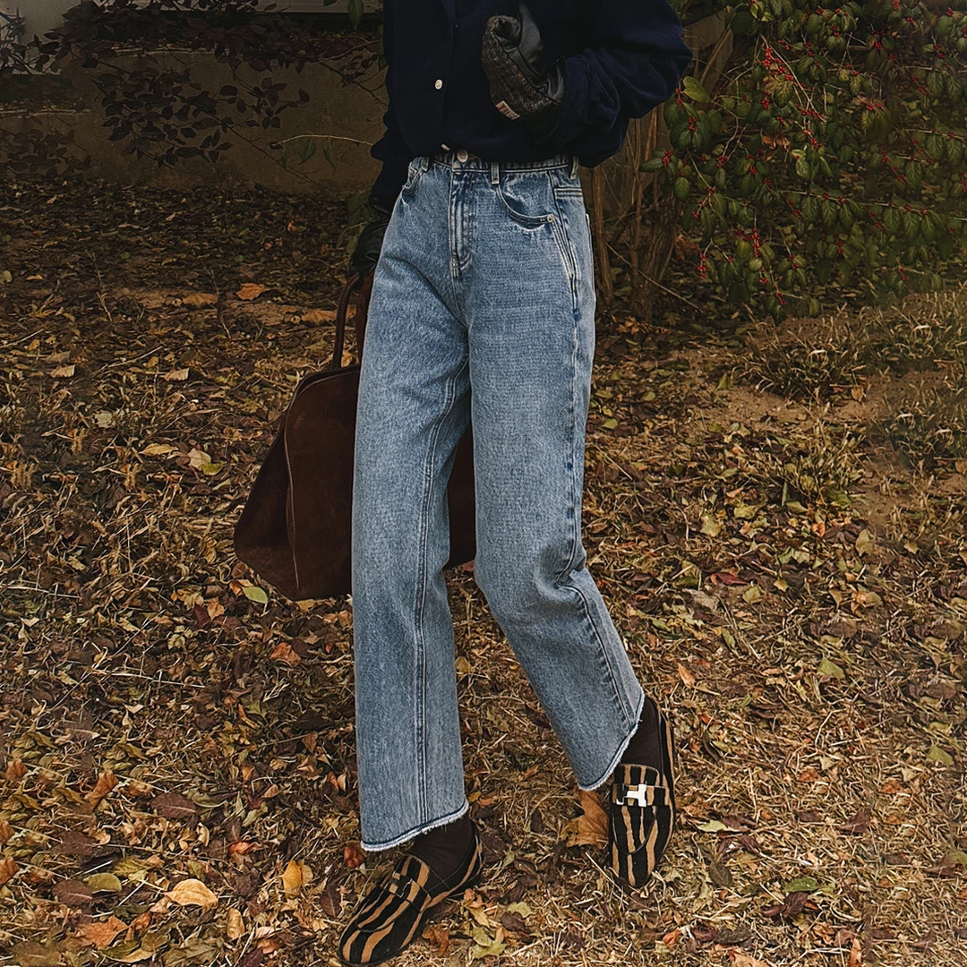 莉贝琳sisy秒塑直腿牛仔裤秋冬季新款13.5oz毛边直筒裤女185506