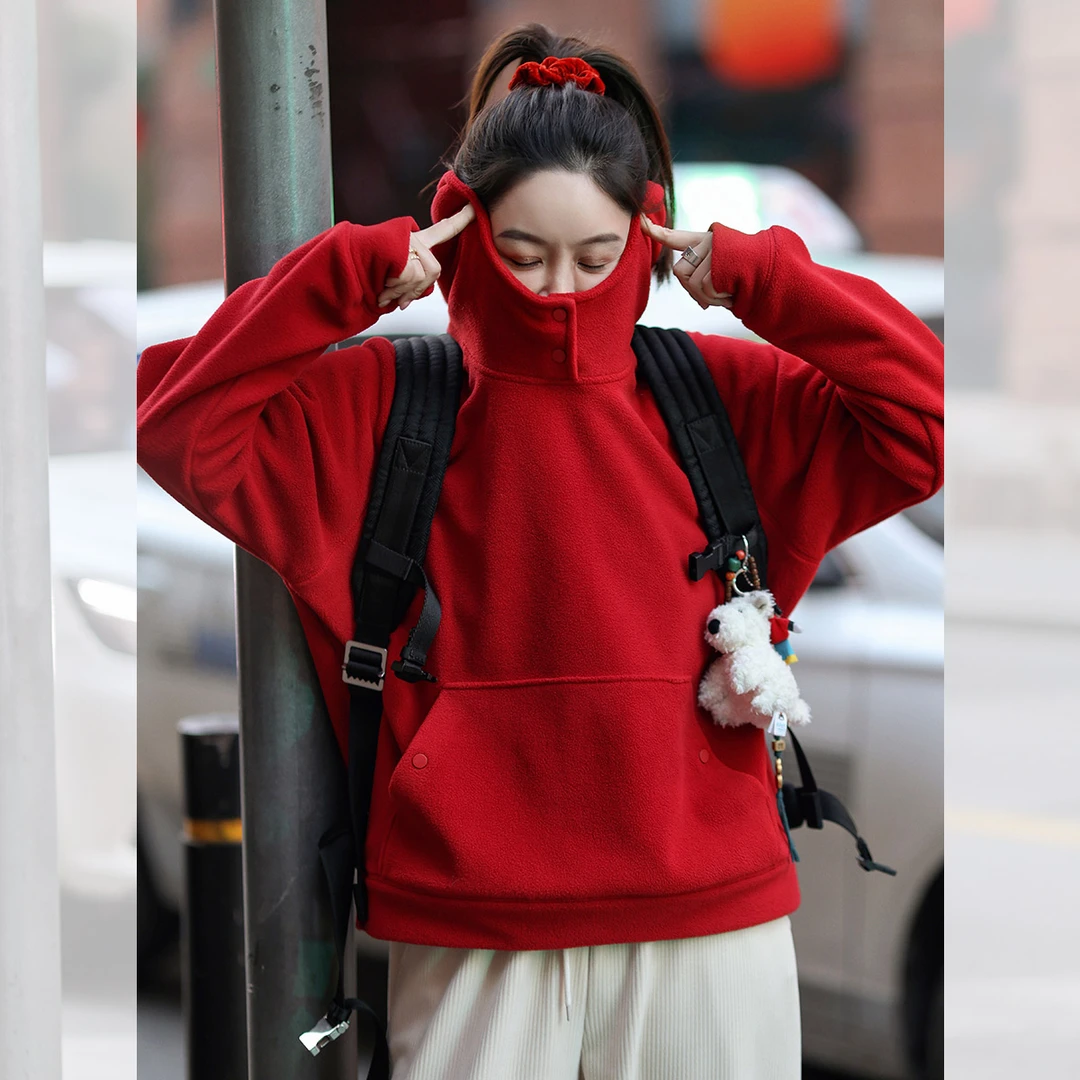 莉贝琳sisy摇粒绒连帽卫衣2024早春款百搭保暖红色帽衫上衣186642
