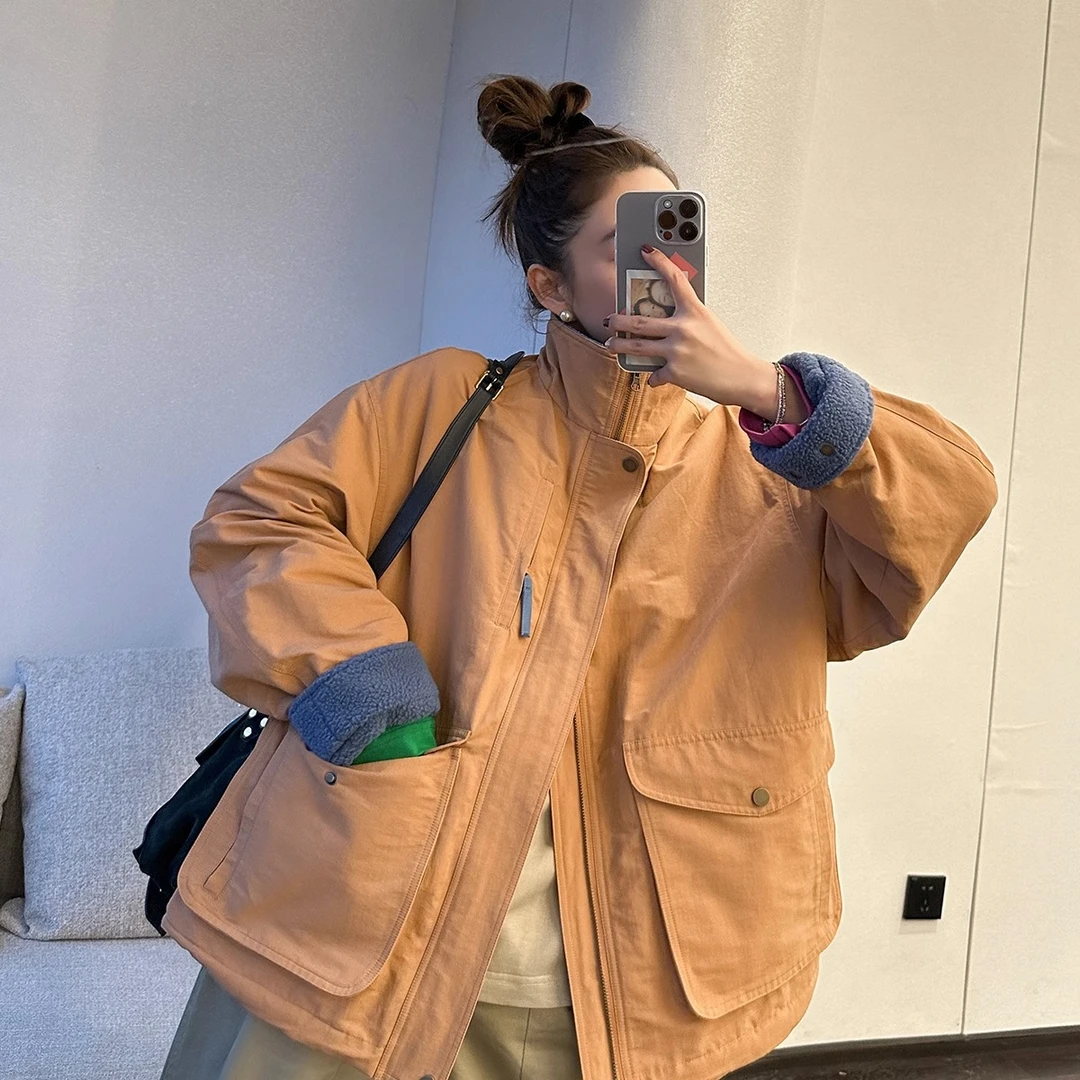 莉贝琳sisy 摇粒绒内衬保暖夹克工装外套百搭卡其色冬上衣159360