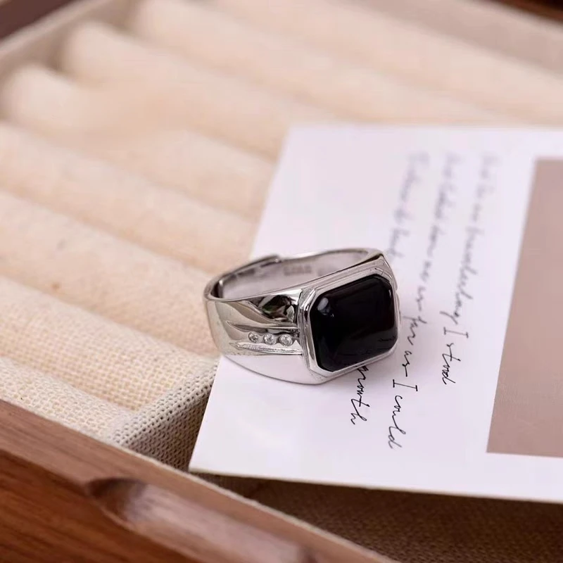 足银锆石戒指 990纯银黑锆石男潮个性复古霸气小众百搭时尚可调节