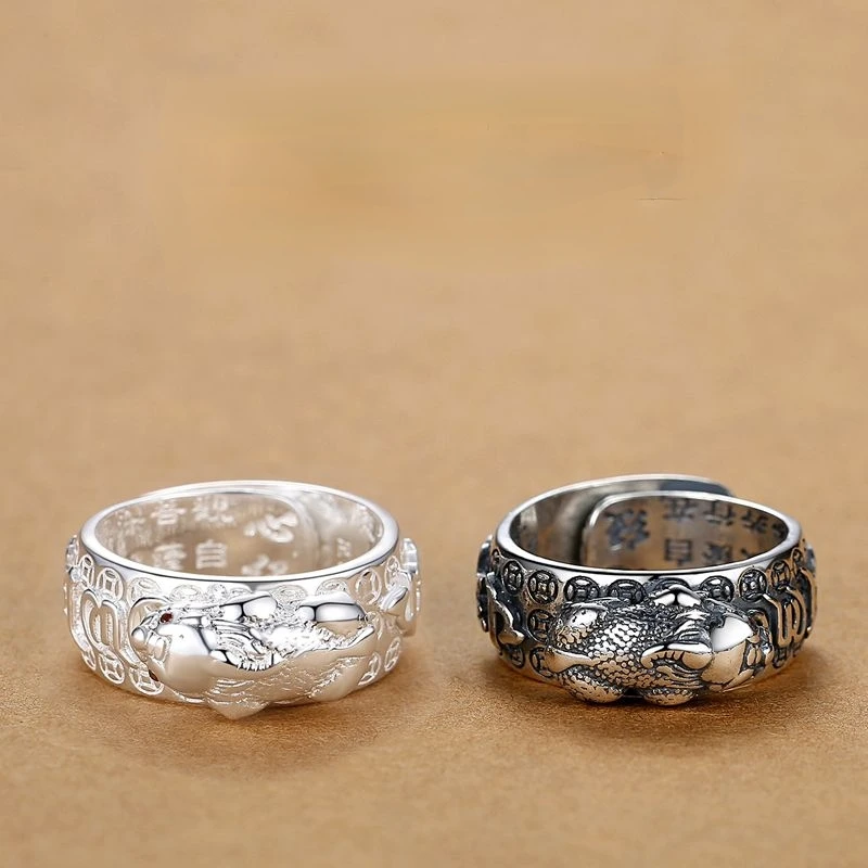 足银戒指 复古心经貔貅戒指男潮个性霸气六字真言开口男士戒指环