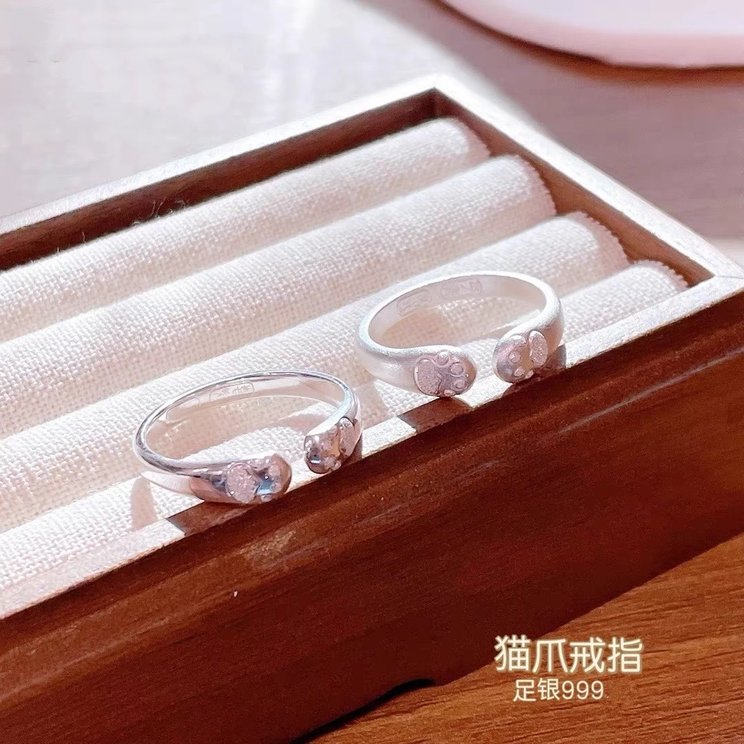 足银戒指 999猫爪银戒指女古法磨砂活口指环甜美可爱个性可调节