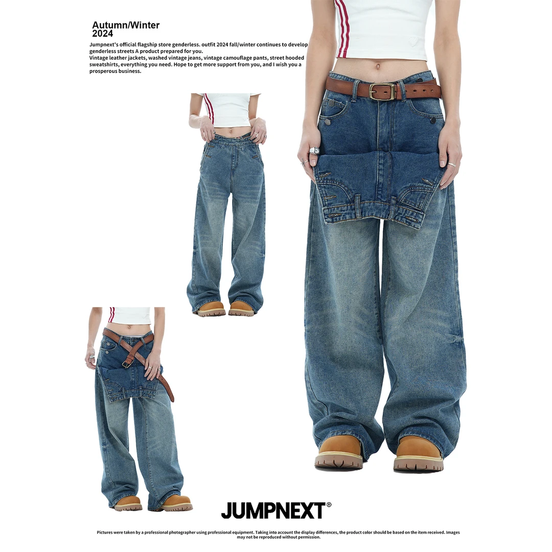 JUMP NEXT解构翻页腰头水洗宽松直筒牛仔裤休闲设计阔腿长裤情侣