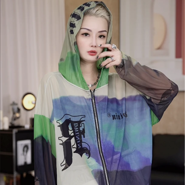 欧货时尚带帽网纱防晒外套 0616