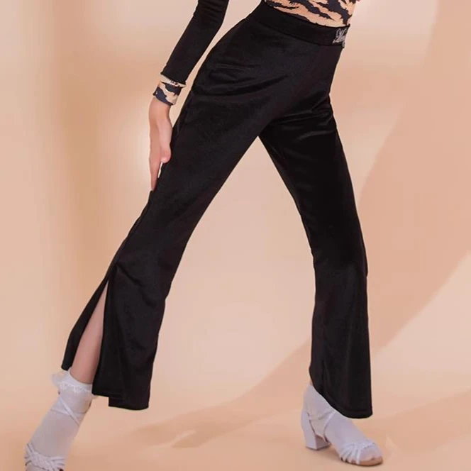 拉丁舞女童裤子韩国绒面料冬季秋季款侧面开叉喇叭裤显瘦黑色修身