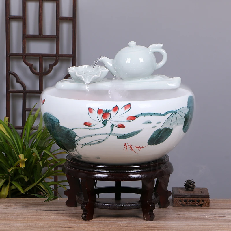 景德镇陶瓷鱼缸客厅喷泉桌面流水鱼缸小型家用循环招财鱼缸养鱼盆