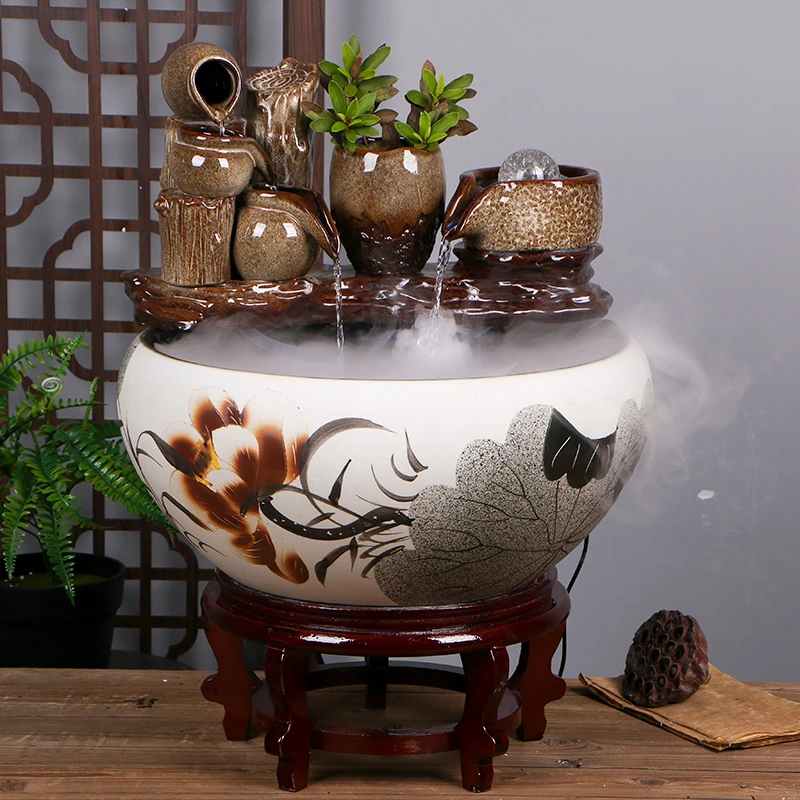 景德镇流水陶瓷鱼缸喷泉造景家用养鱼盆大号乌龟缸碗莲盆小金鱼盆