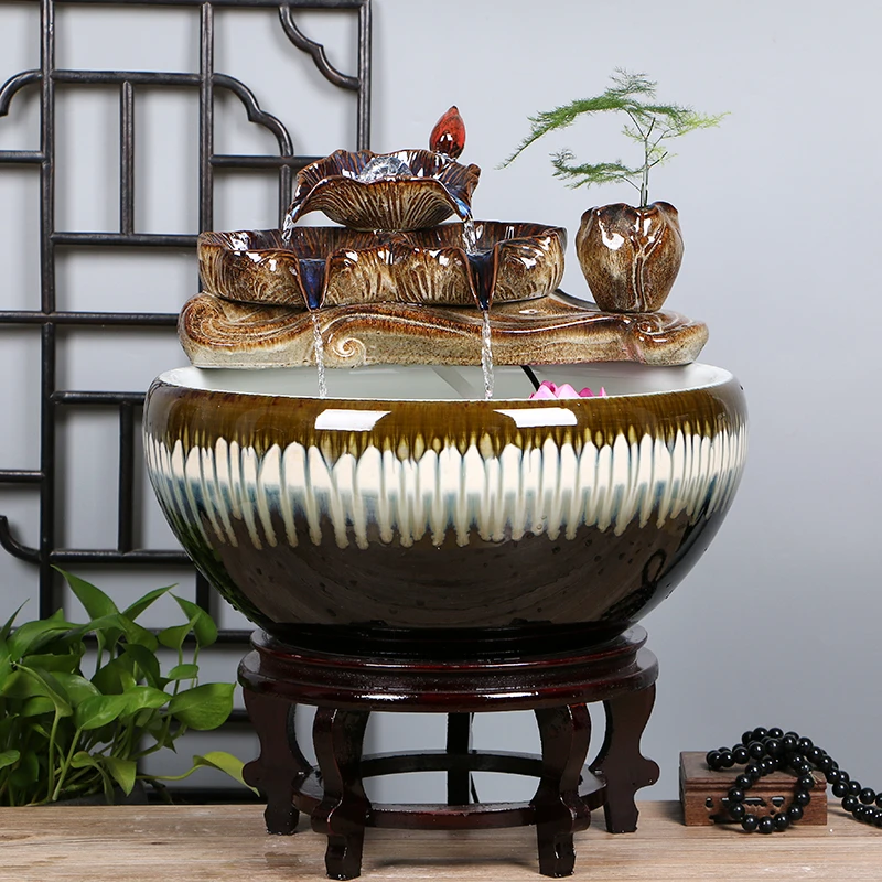 景德镇陶瓷鱼缸家用流水喷泉小金鱼缸客厅招财鱼缸造景桌面养鱼盆