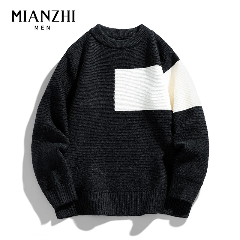棉致2024新款慵懒风拼接毛衣男士秋冬拆牌针织衫软糯圆领宽松上衣