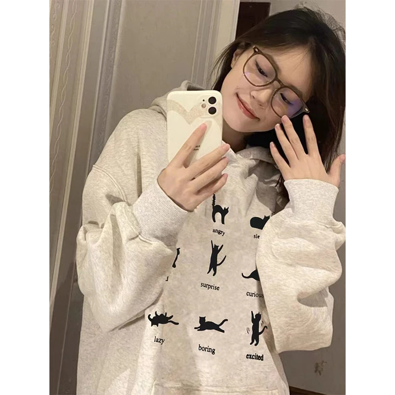 连帽卫衣女秋冬2023新款爆款美式复古慵懒风oversize加绒外套上衣