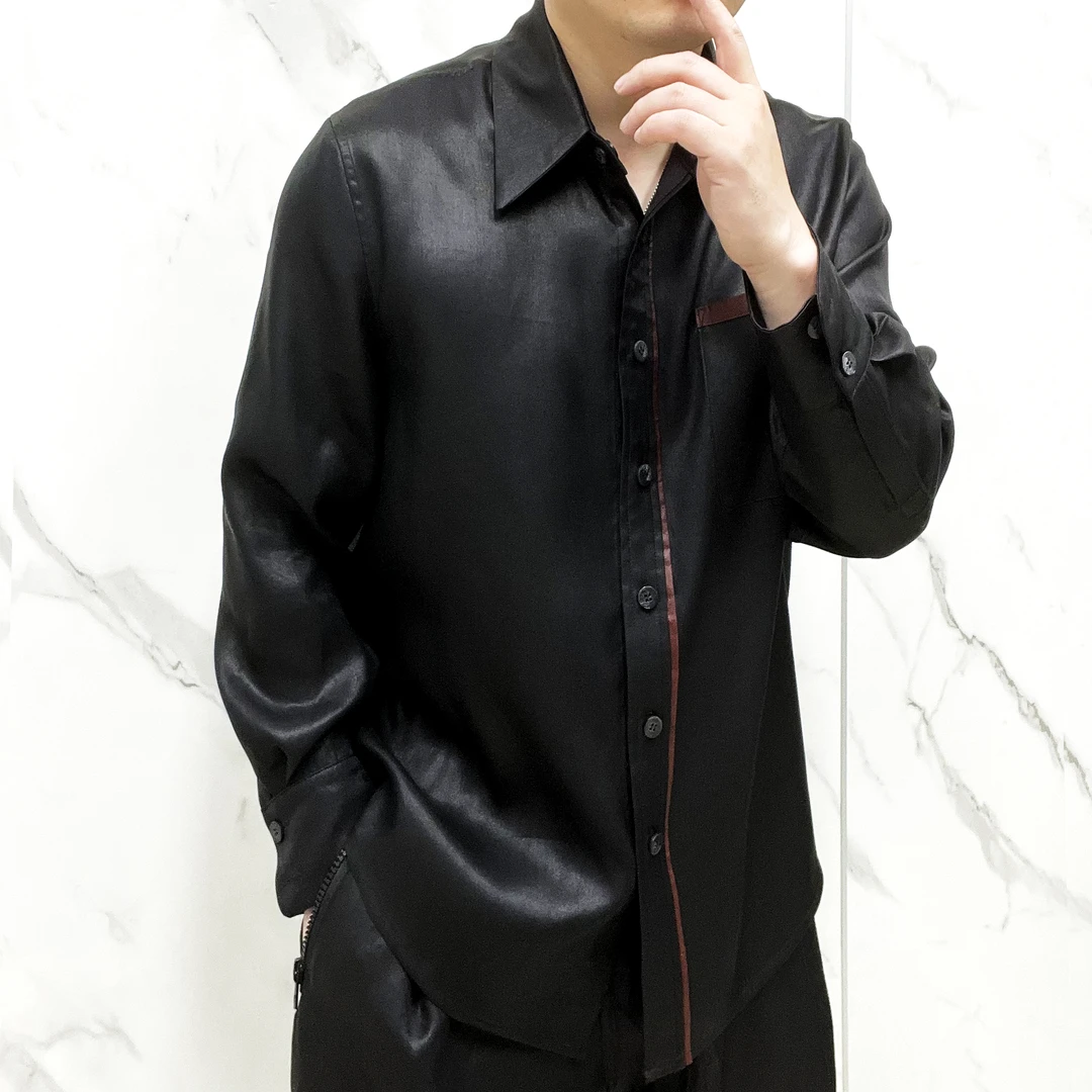 73姆米衬衫香云纱内搭男士休闲修身春秋衬衣长袖时尚百搭黑色817