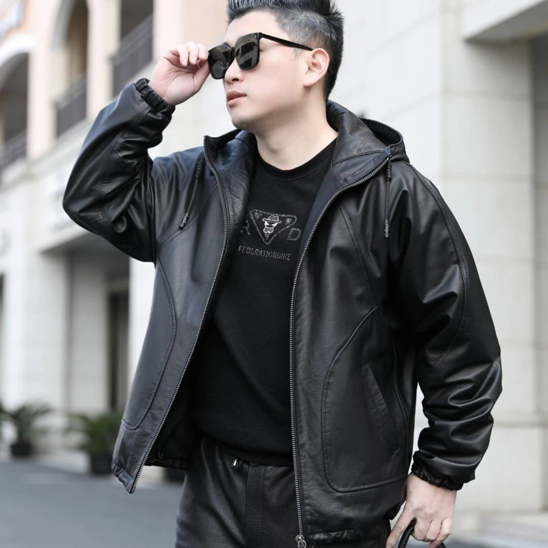 丹定23130真皮头层黄牛小牛皮外套连帽男外套蝙蝠袖时尚加绒秋冬