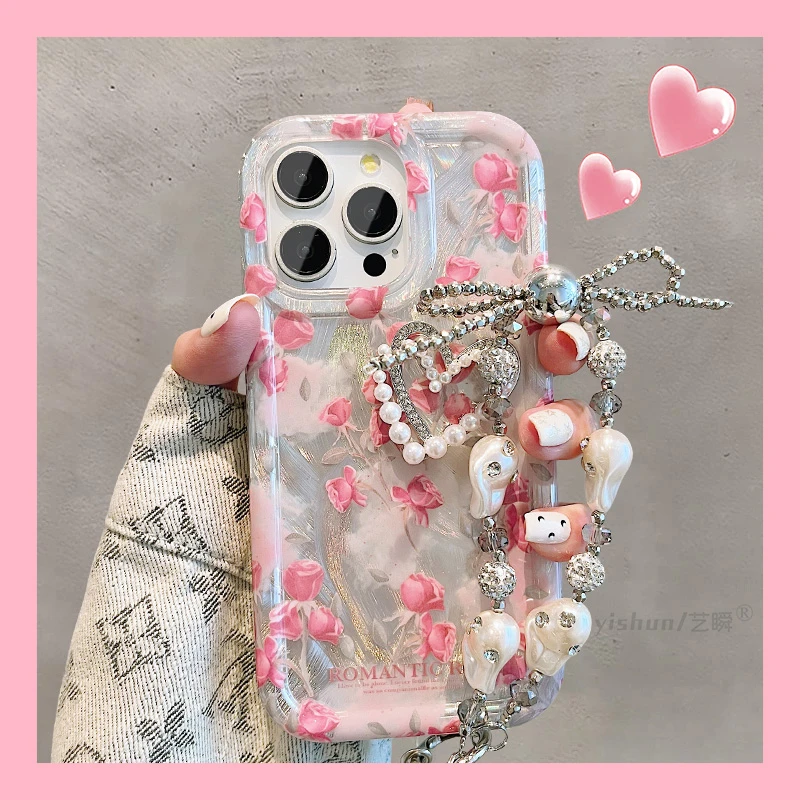 苹果15ProMax手机壳iPhone14高级感ins粉色玫瑰花朵12日韩保护套k