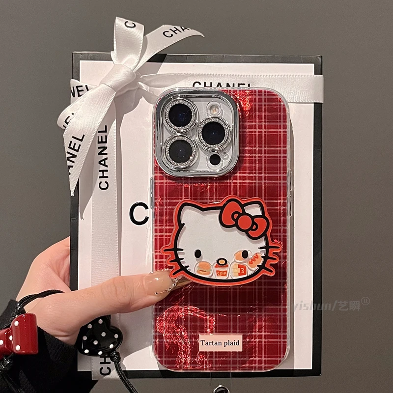 复古ins红格纹kt猫摇摇乐支架苹果16ProMax手机壳15/14/13/12/11