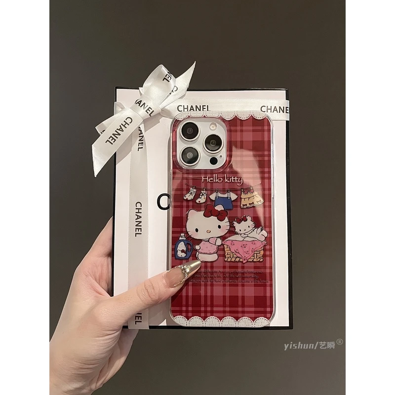 日韩可爱ins红色格纹KT猫12创意适用苹果15ProMax手机壳iPhone16