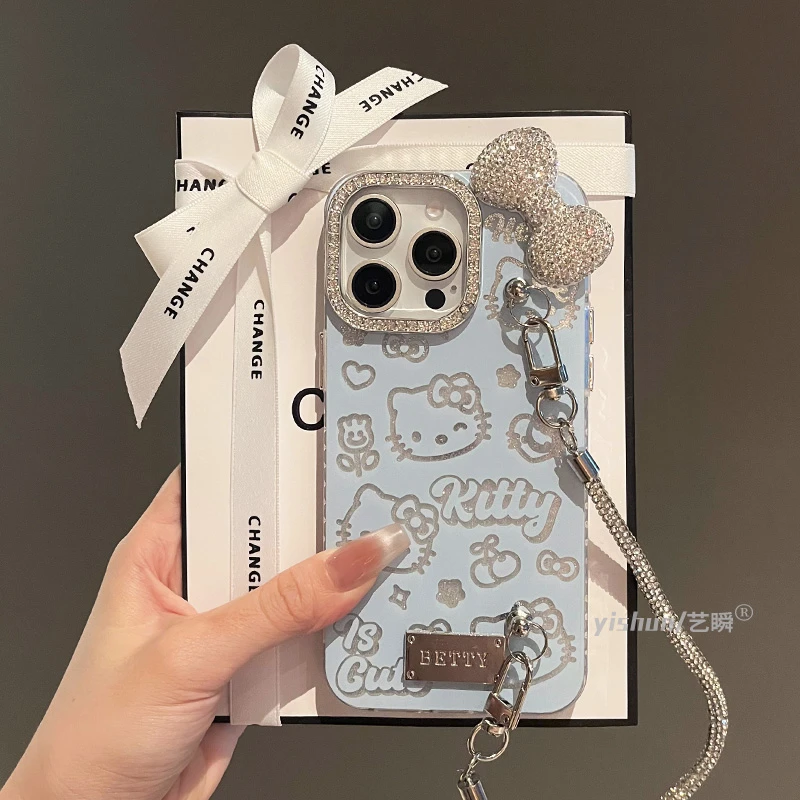 适用苹果15ProMax手机壳iPhone14气质ins闪钻蝴蝶结kt猫12pro高级