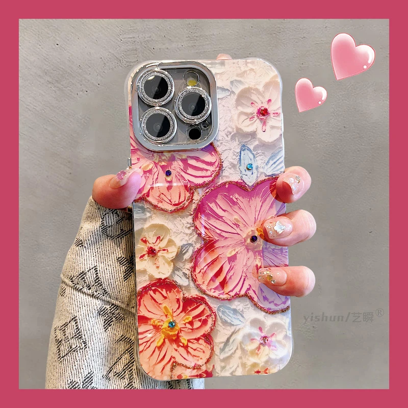 苹果15ProMax手机壳全包iPhone14蓝光点钻油画花朵12高级感保护套