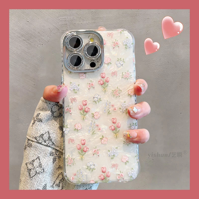苹果15ProMax手机壳高级感iPhone14唯美贝壳纹郁金香花朵13保护套