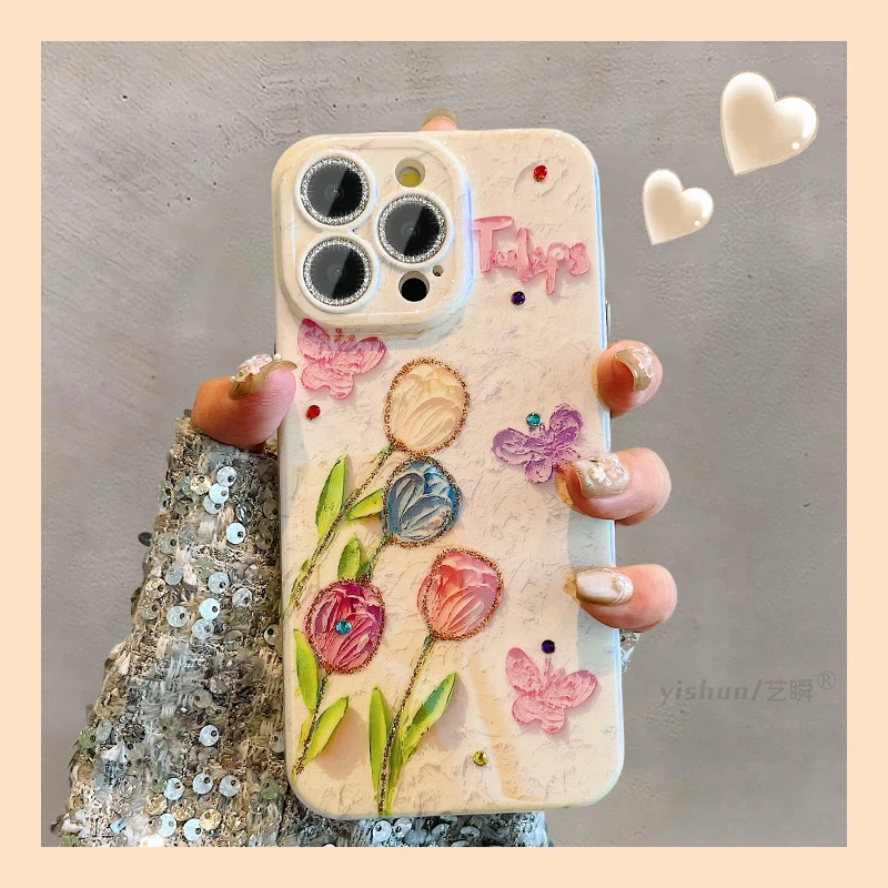 iPhone15ProMax手机壳苹果14高级感水钻滴胶郁金香花朵13pm保护套