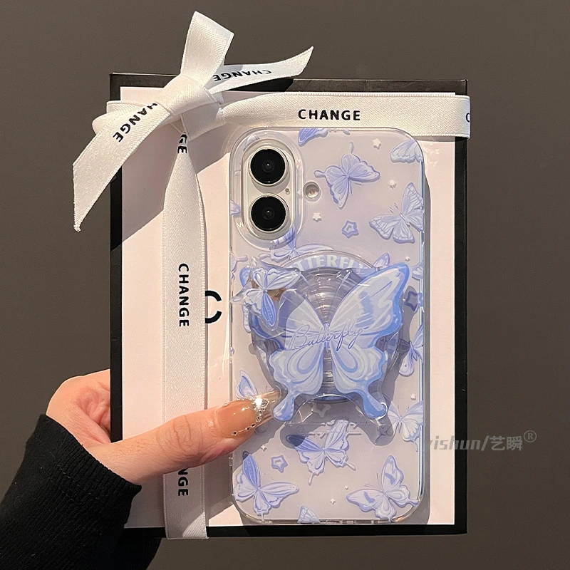 文艺ins油画蝴蝶支架适用苹果16pro手机壳新款磁吸iPhone15ProMax