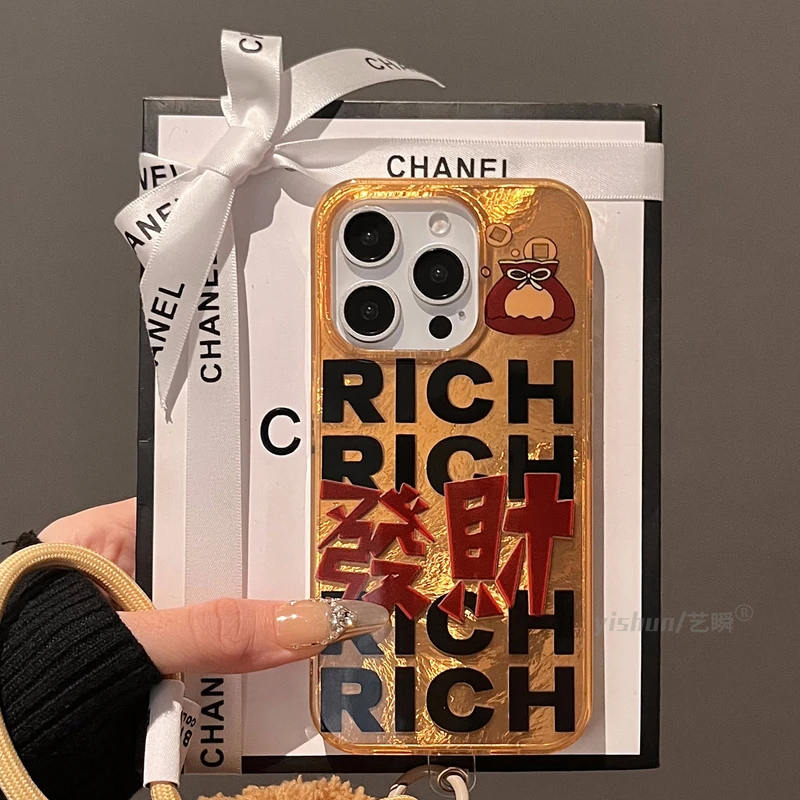 国潮创意英文RICH發财14p适用苹果16promax手机壳新款iphone15pro