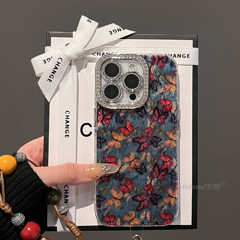 复古满屏唯美彩色蝴蝶适用苹果16ProMax手机壳新款iPhone15pro