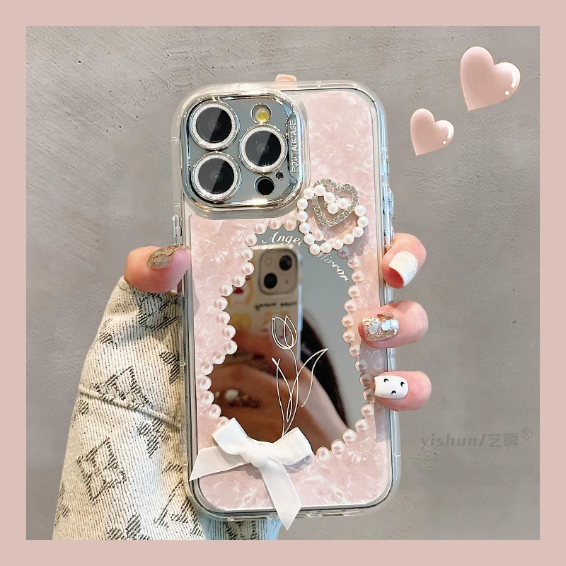 iPhone15ProMax手机壳苹果14pro立体爱心蝴蝶结补妆镜ins风保护套