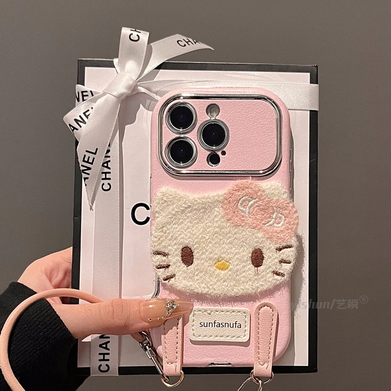 呆萌大脸毛毡kitty猫适用苹果16ProMax手机壳冬天新款iPhone15pro