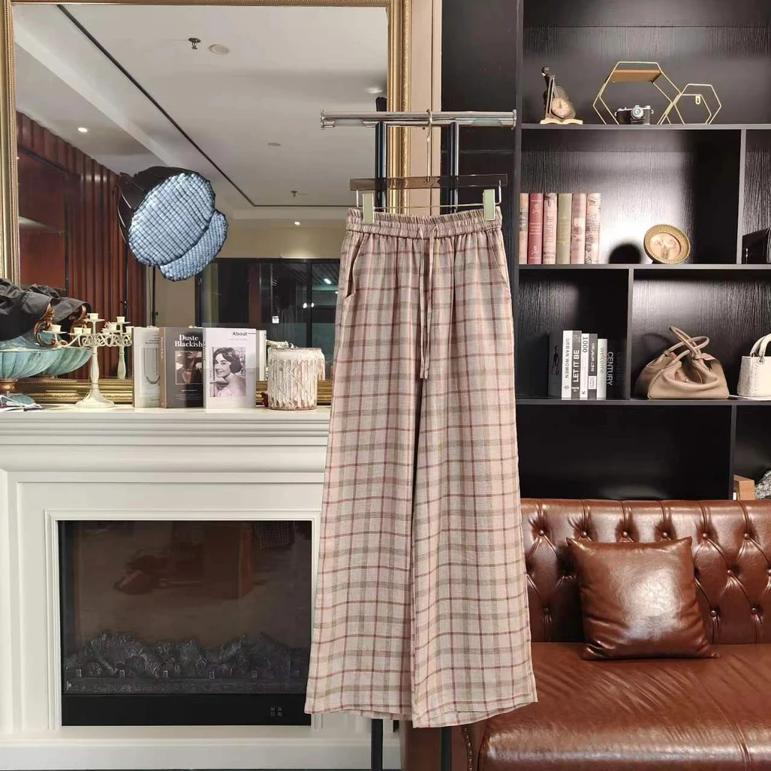 格纹裤 | 100% 亚麻经典显瘦DM990064格子长裤通勤百搭大萌