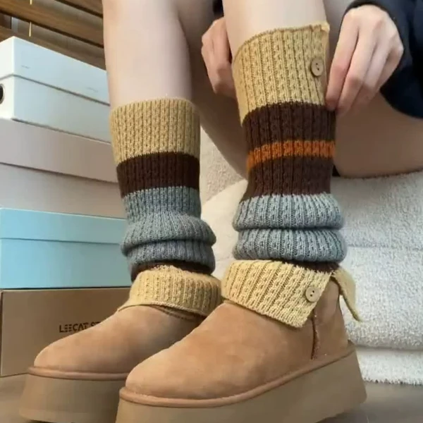 针织雪地靴弹力女秋冬季堆堆袜女款条纹套袜纯棉腿套保暖白色袜子