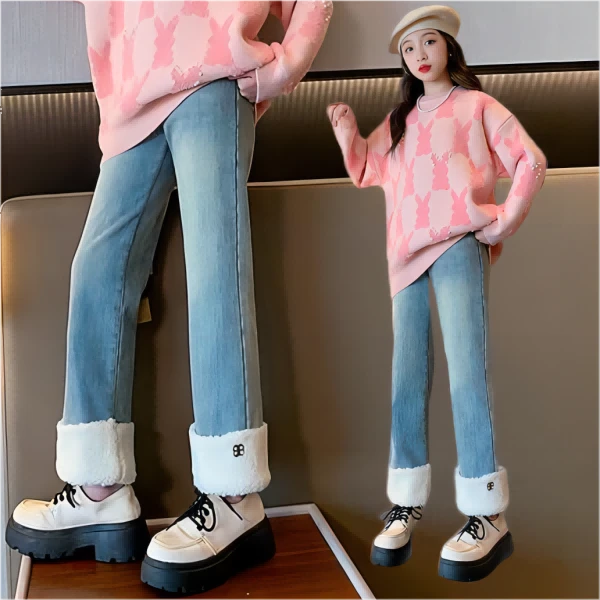 【新品】女童冬款加绒牛仔裤儿童2023新款直筒裤保暖加厚甜美洋气