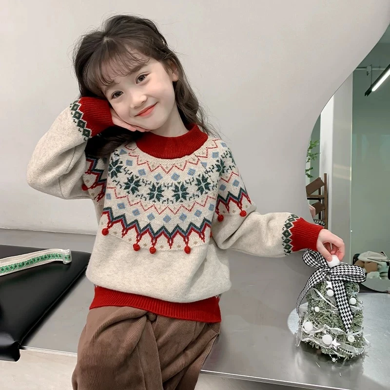 嘻【亲子装】女童保暖毛衣2024秋冬款儿童洋气韩版圆领套头针织上衣