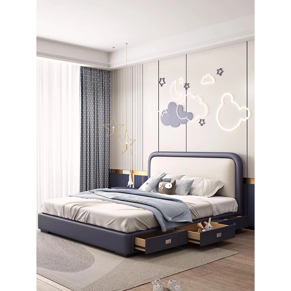 儿童床现代简约男孩女孩1.2m抽屉储物真皮实木1.5m青少年卧室床