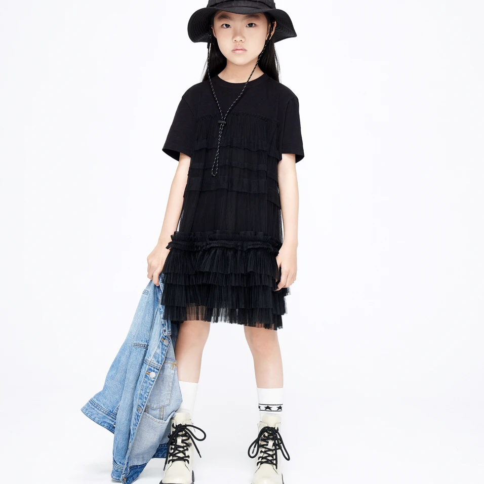 little moco童装秋季女童网纱拼接短袖甜酷小黑裙洋气#KBA3DRS028