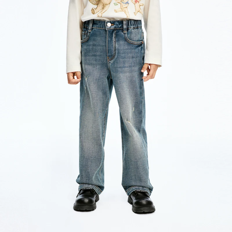 littlemoco童装24冬新款男女童弹力破洞牛仔直筒长裤#KBD4JEN005